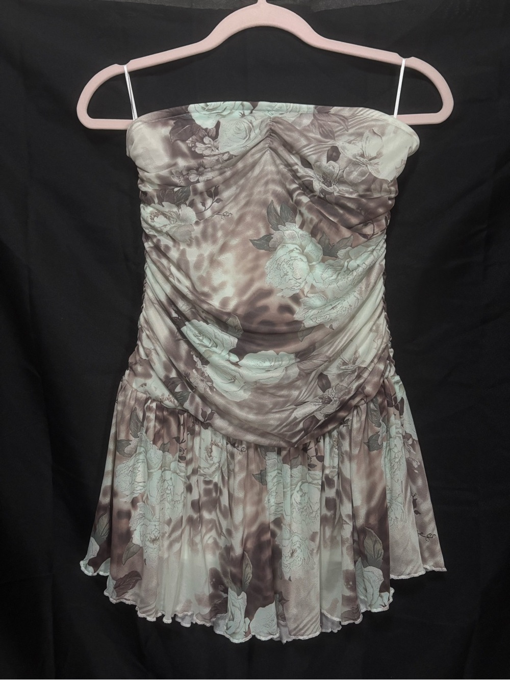 J for Justify Taupe and Mint Floral Ruched Strapless Mini Dress
